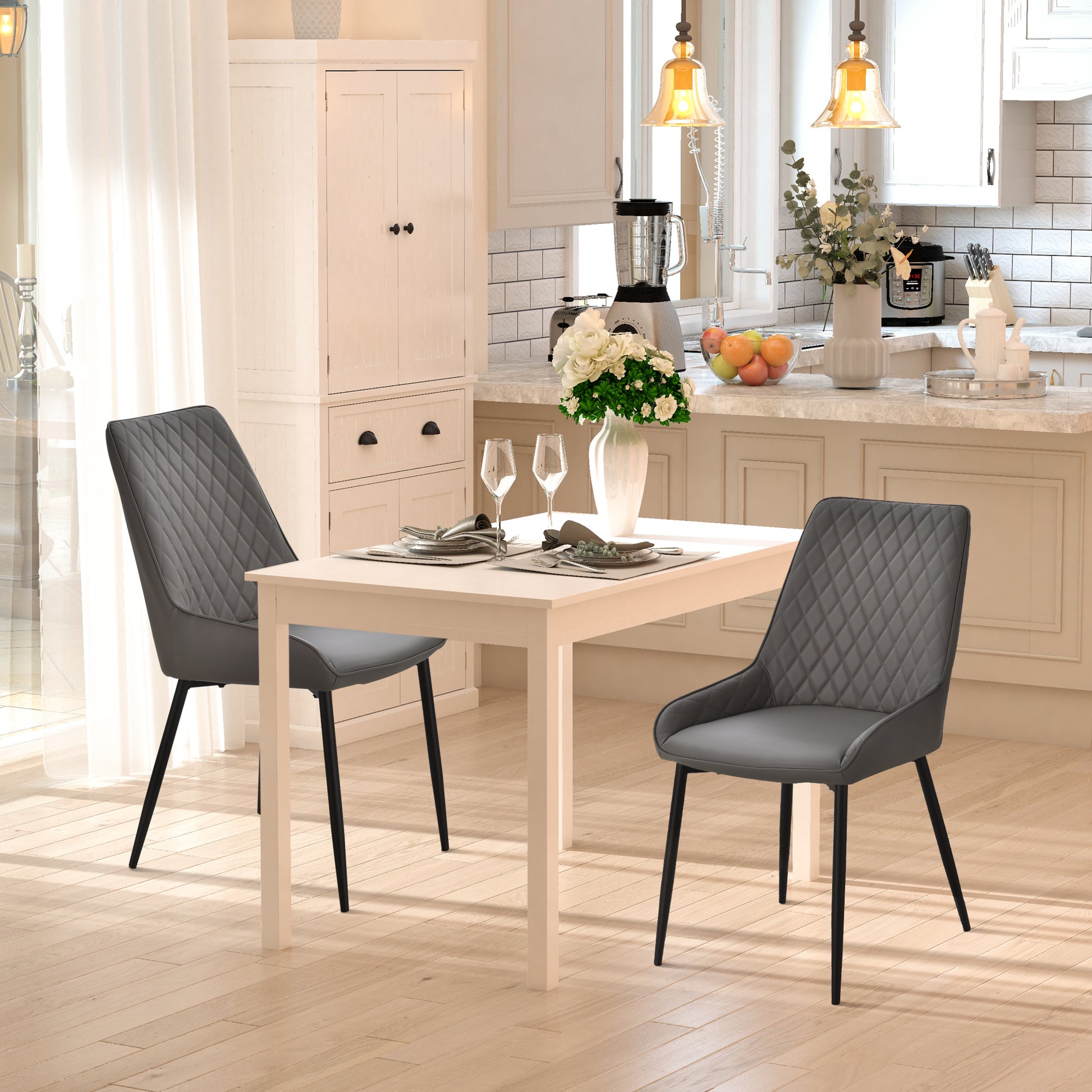 Set of 2 Dining Chairs, Grey Modern Diamond Tufting Steel Legs (70 characters)-DECOROLALA