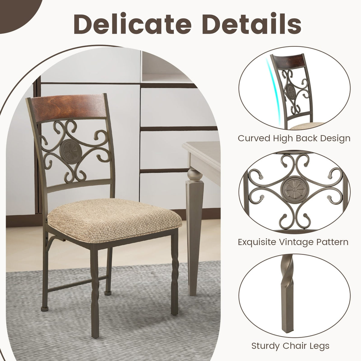 Set of 2 Dining Room Chairs Armless Kitchen Chairs Set with Seat Cushion-Brown-Dining Chairs-DECOROLALA