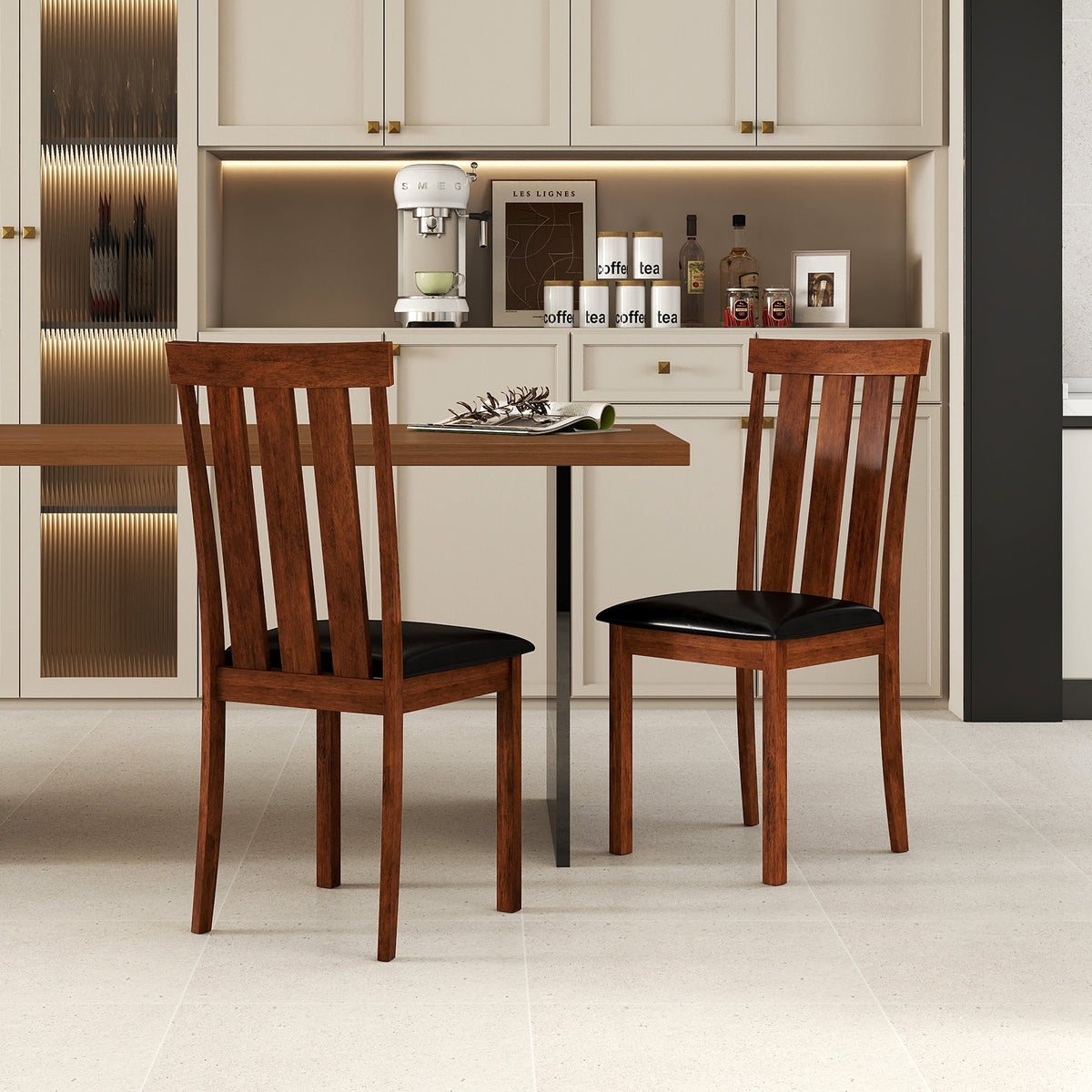 Set of 2 Dining Room Chairs with Rubber Wood Frame PU Leather Seat-Walnut-Dining Chairs-DECOROLALA