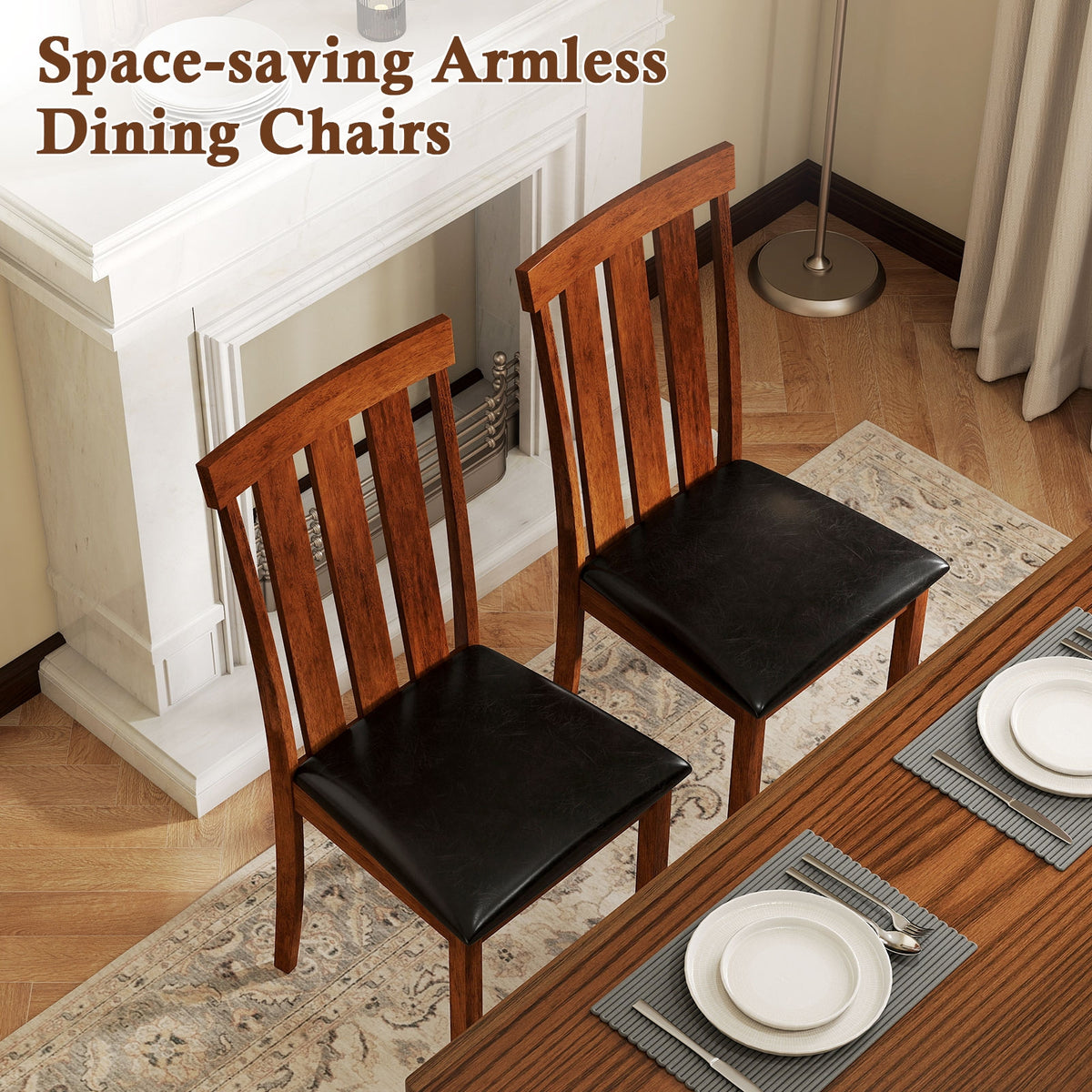 Set of 2 Dining Room Chairs with Rubber Wood Frame PU Leather Seat-Walnut-Dining Chairs-DECOROLALA