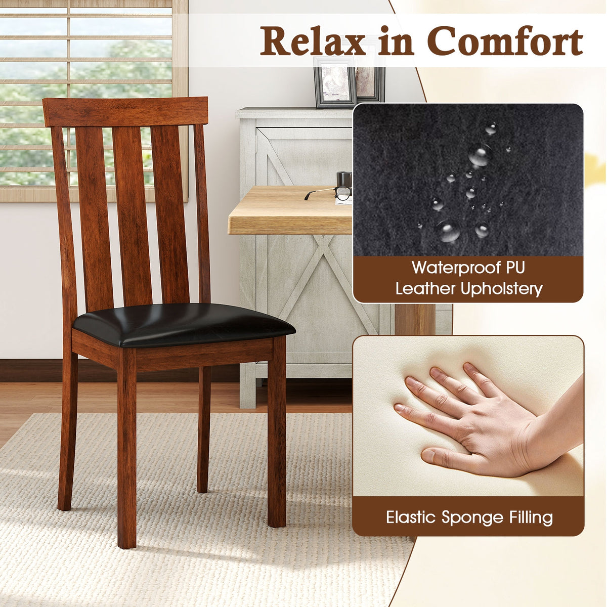 Set of 2 Dining Room Chairs with Rubber Wood Frame PU Leather Seat-Walnut-Dining Chairs-DECOROLALA