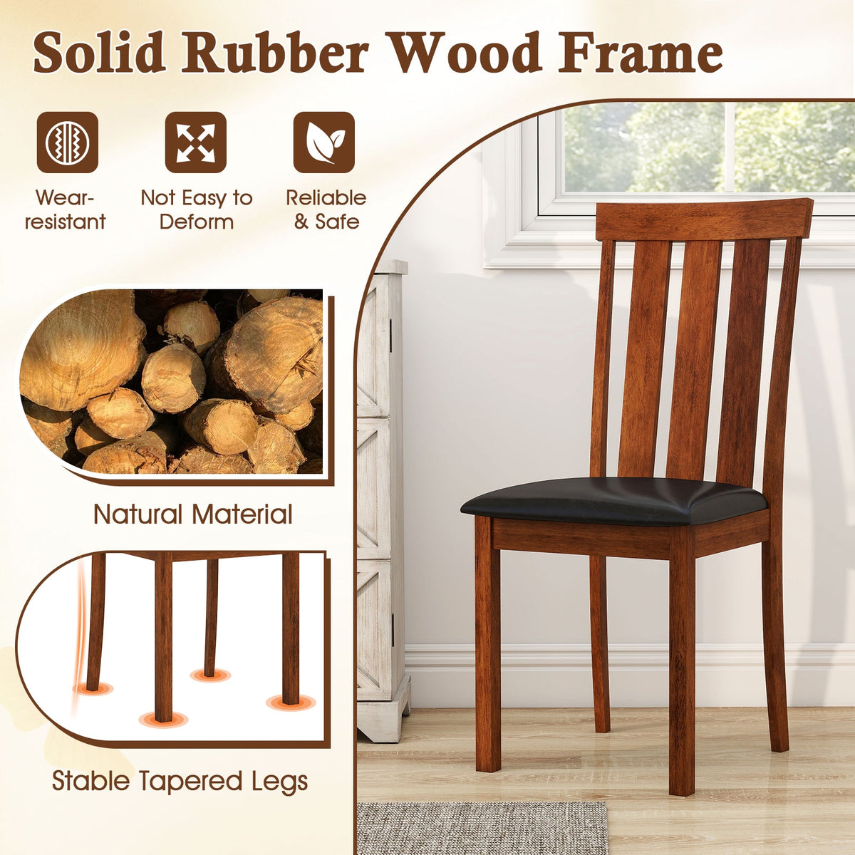 Set of 2 Dining Room Chairs with Rubber Wood Frame PU Leather Seat-Walnut-Dining Chairs-DECOROLALA