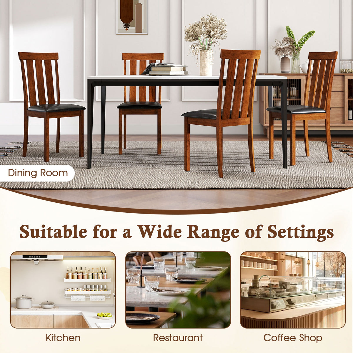 Set of 2 Dining Room Chairs with Rubber Wood Frame PU Leather Seat-Walnut-Dining Chairs-DECOROLALA