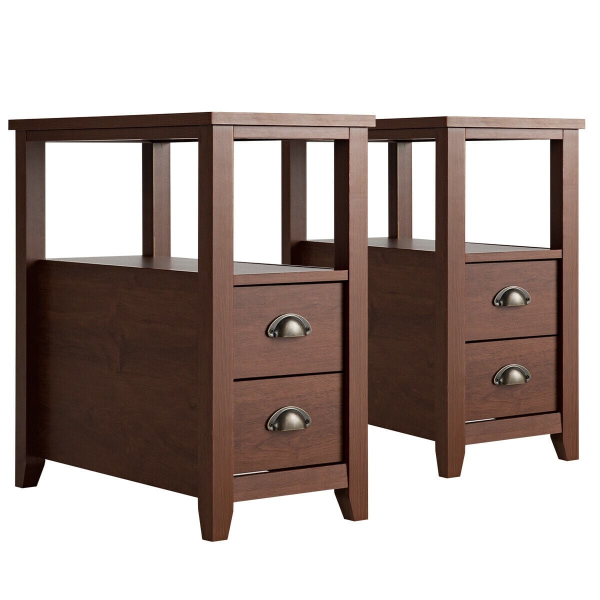 Set of 2 End Table Wooden with 2 Drawer & Shelf Bedside Table-Brown-Nightstands-DECOROLALA