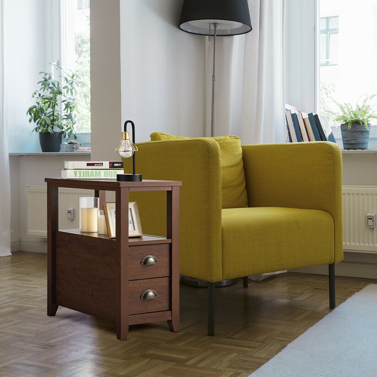 Set of 2 End Table Wooden with 2 Drawer & Shelf Bedside Table-Brown-Nightstands-DECOROLALA