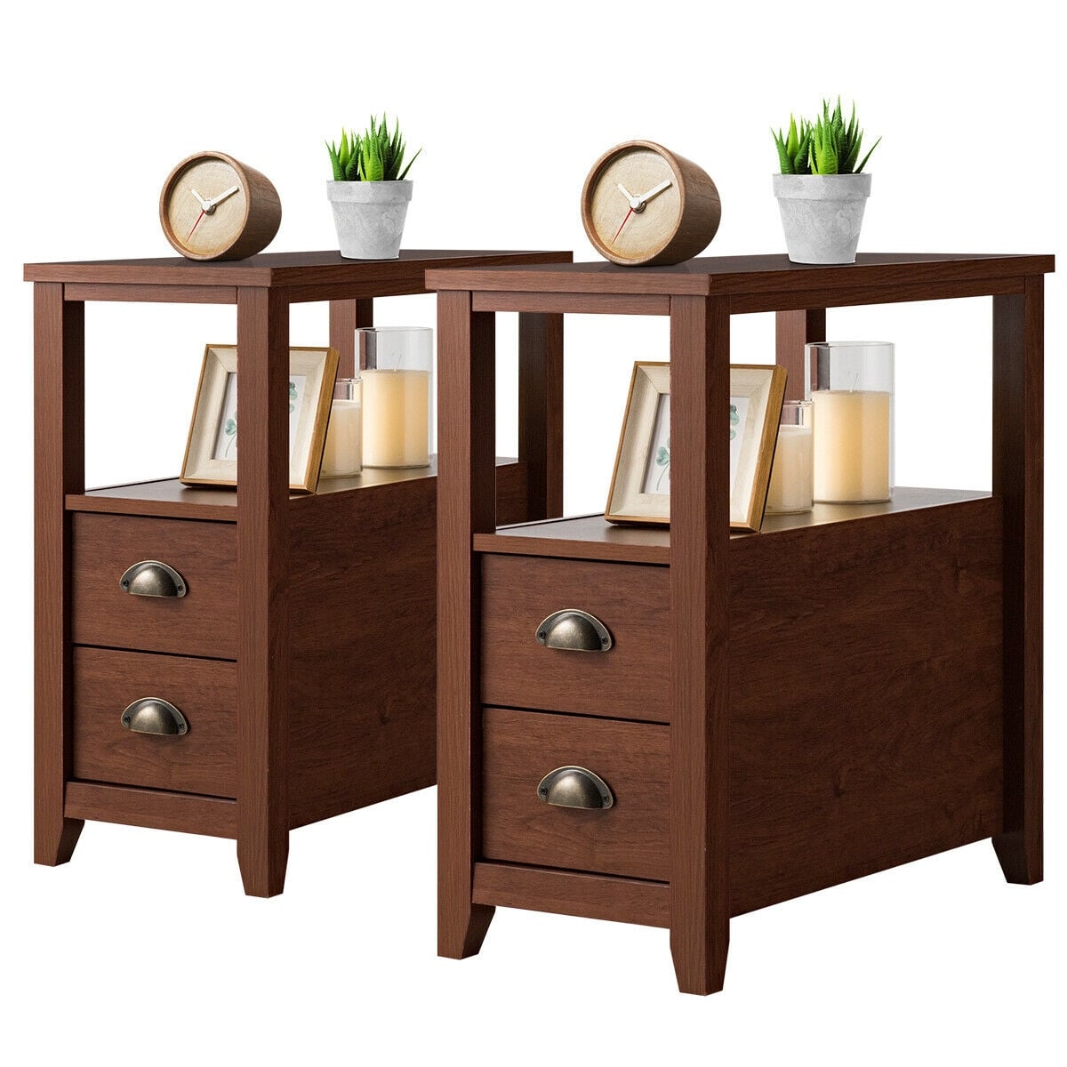 Set of 2 End Table Wooden with 2 Drawer & Shelf Bedside Table-Brown-Nightstands-DECOROLALA