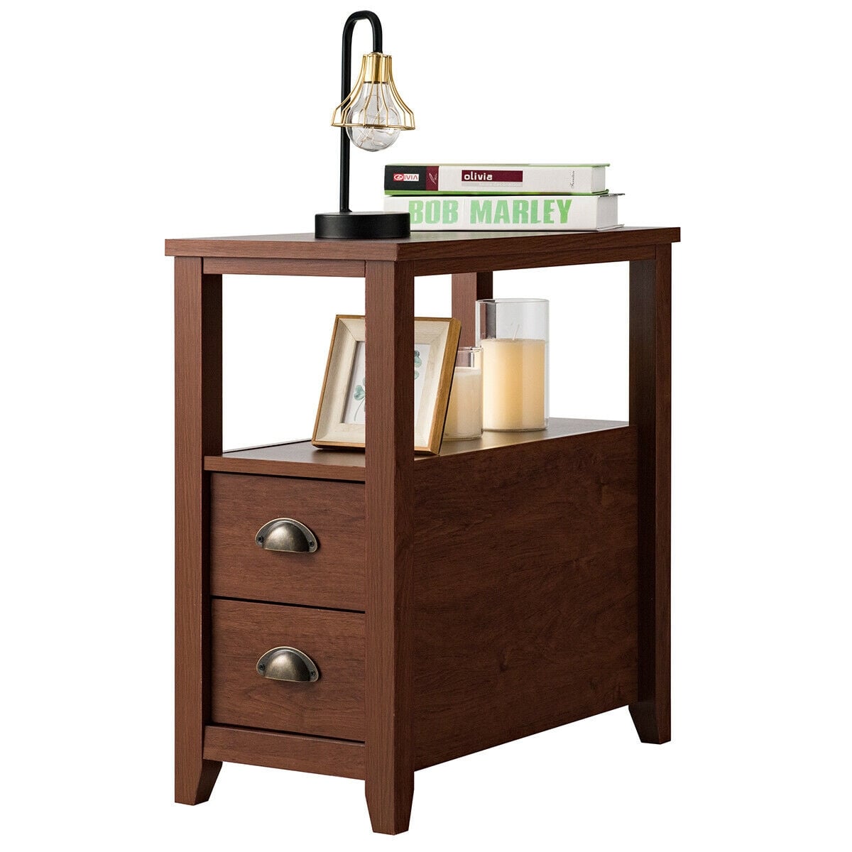 Set of 2 End Table Wooden with 2 Drawer & Shelf Bedside Table-Brown-Nightstands-DECOROLALA