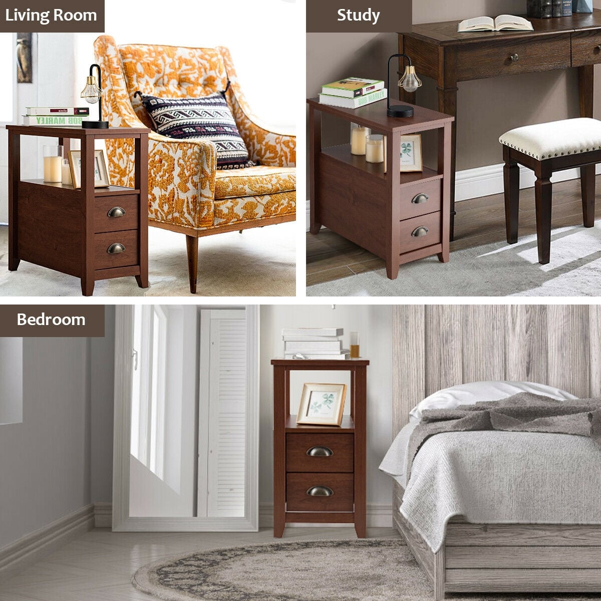 Set of 2 End Table Wooden with 2 Drawer & Shelf Bedside Table-Brown-Nightstands-DECOROLALA