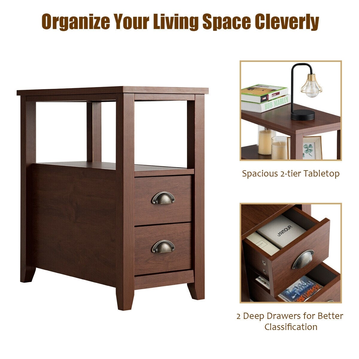 Set of 2 End Table Wooden with 2 Drawer & Shelf Bedside Table-Brown-Nightstands-DECOROLALA