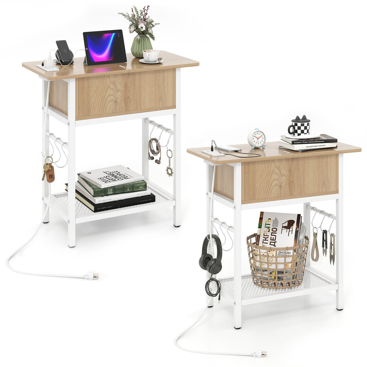 Set of 2 End Table with Charging Station and Hidden Compartment-Natural-End & Side Tables-DECOROLALA