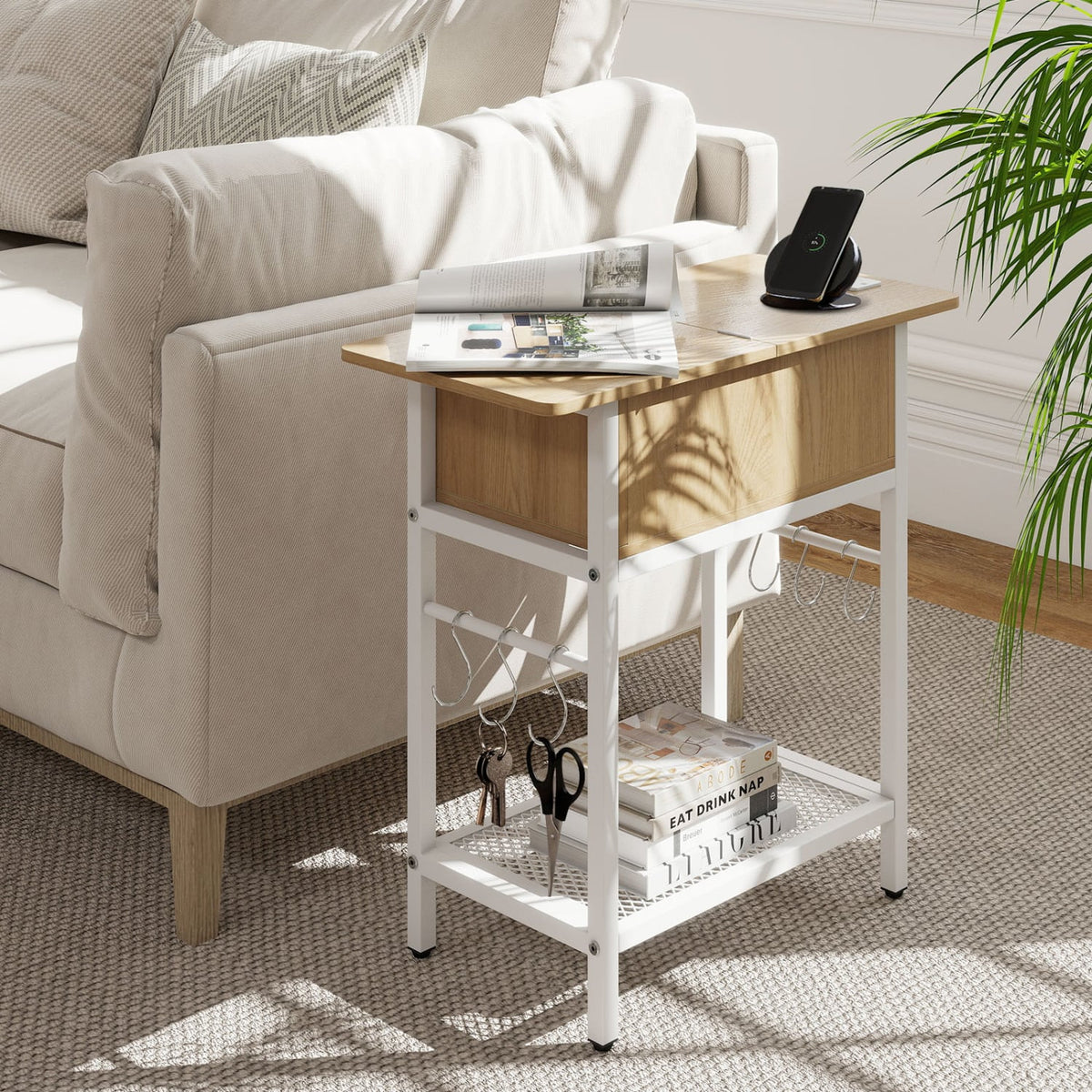 Set of 2 End Table with Charging Station and Hidden Compartment-Natural-End & Side Tables-DECOROLALA