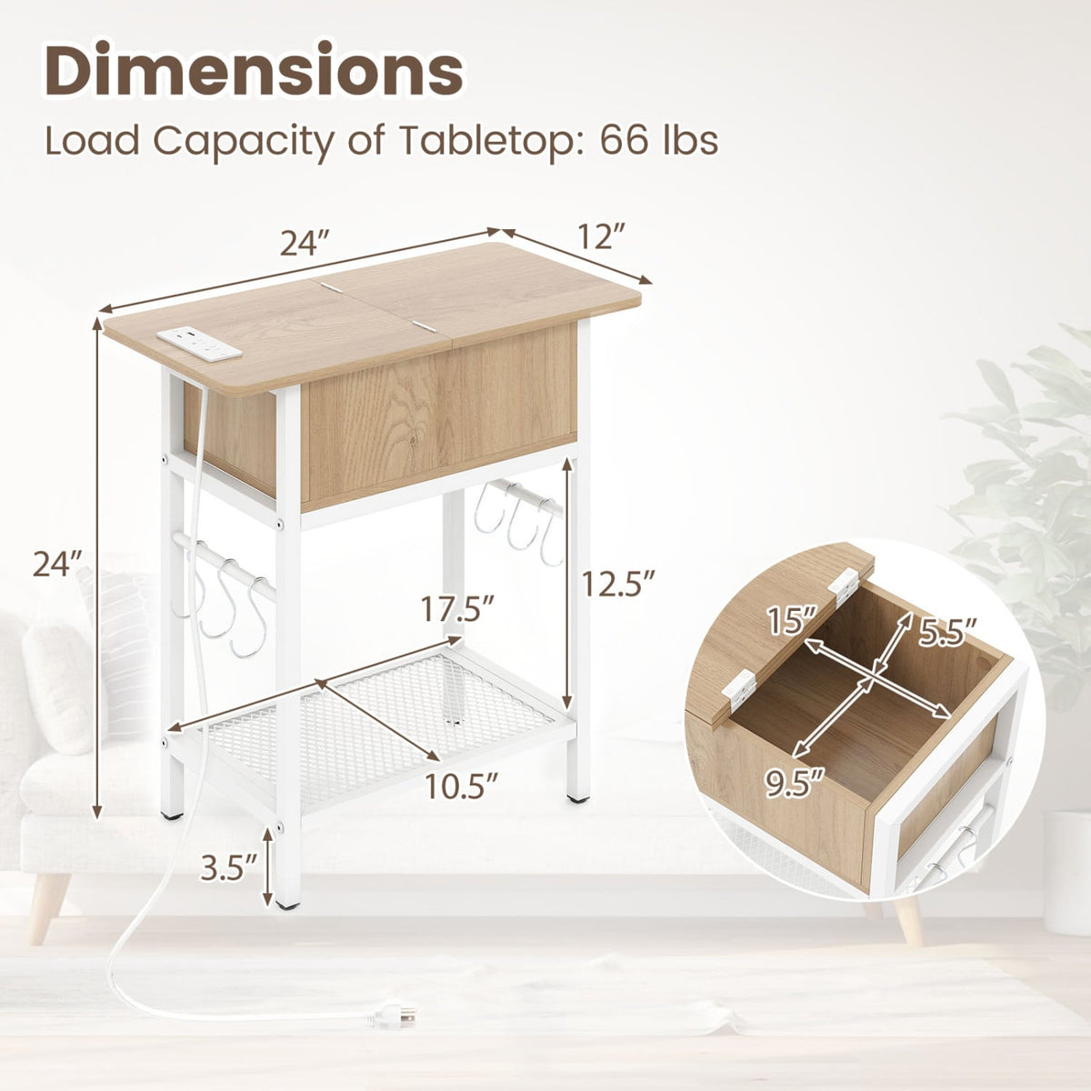 Set of 2 End Table with Charging Station and Hidden Compartment-Natural-End & Side Tables-DECOROLALA