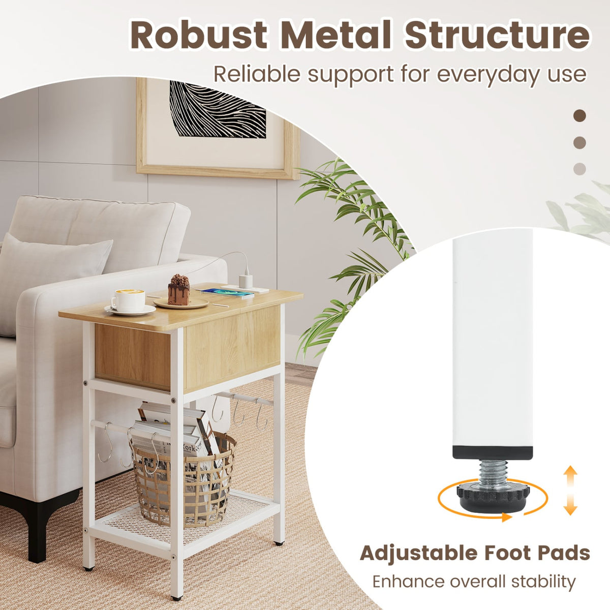 Set of 2 End Table with Charging Station and Hidden Compartment-Natural-End & Side Tables-DECOROLALA