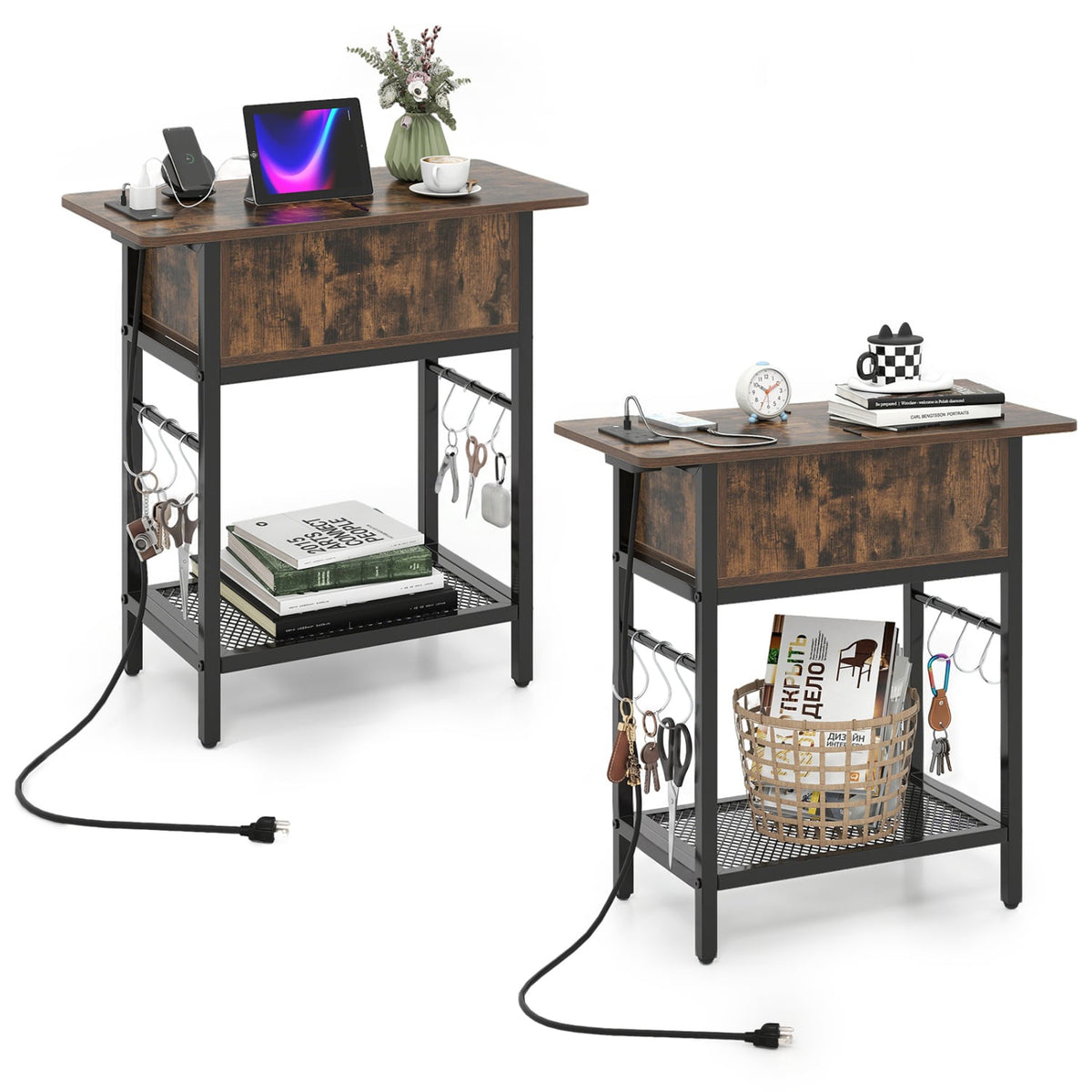 Set of 2 End Table with Charging Station and Hidden Compartment-Rustic Brown-End & Side Tables-DECOROLALA