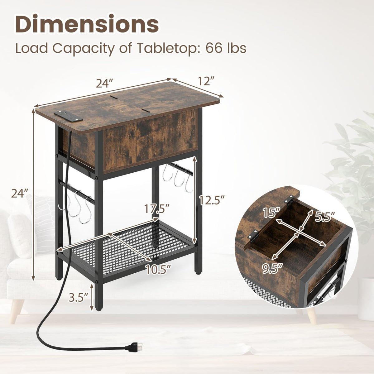 Set of 2 End Table with Charging Station and Hidden Compartment-Rustic Brown-End & Side Tables-DECOROLALA