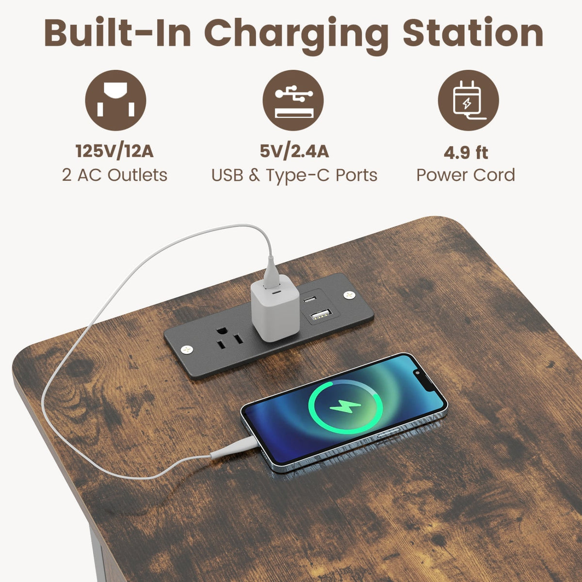Set of 2 End Table with Charging Station and Hidden Compartment-Rustic Brown-End & Side Tables-DECOROLALA