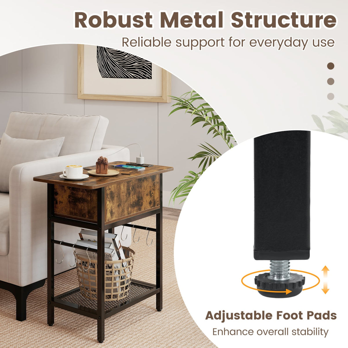 Set of 2 End Table with Charging Station and Hidden Compartment-Rustic Brown-End & Side Tables-DECOROLALA