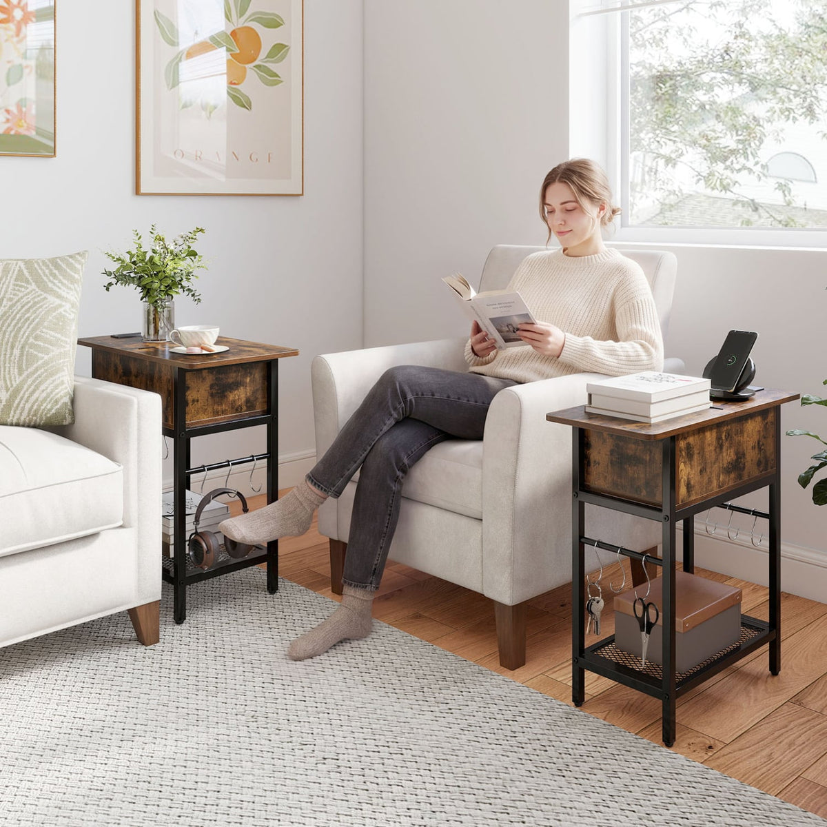 Set of 2 End Table with Charging Station and Hidden Compartment-Rustic Brown-End & Side Tables-DECOROLALA