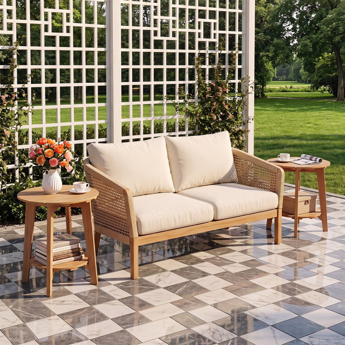 Set of 2 Eucalyptus Wood Side Table 2-Tier with Slatted Tabletop and Storage Shelf for Outdoor-Natural-Patio Coffee Tables-DECOROLALA