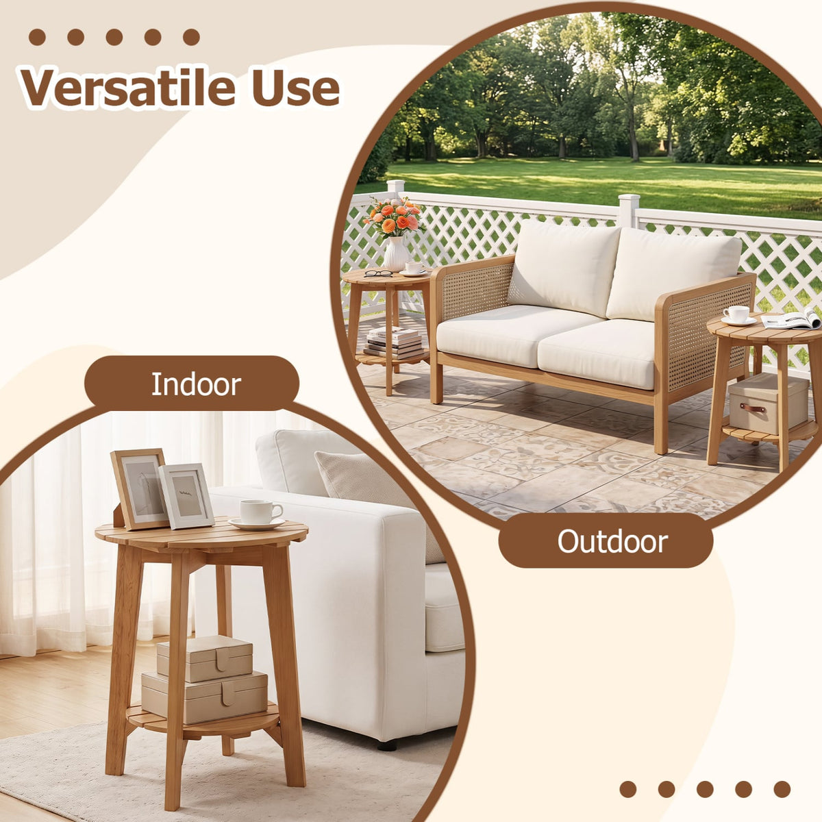 Set of 2 Eucalyptus Wood Side Table 2-Tier with Slatted Tabletop and Storage Shelf for Outdoor-Natural-Patio Coffee Tables-DECOROLALA