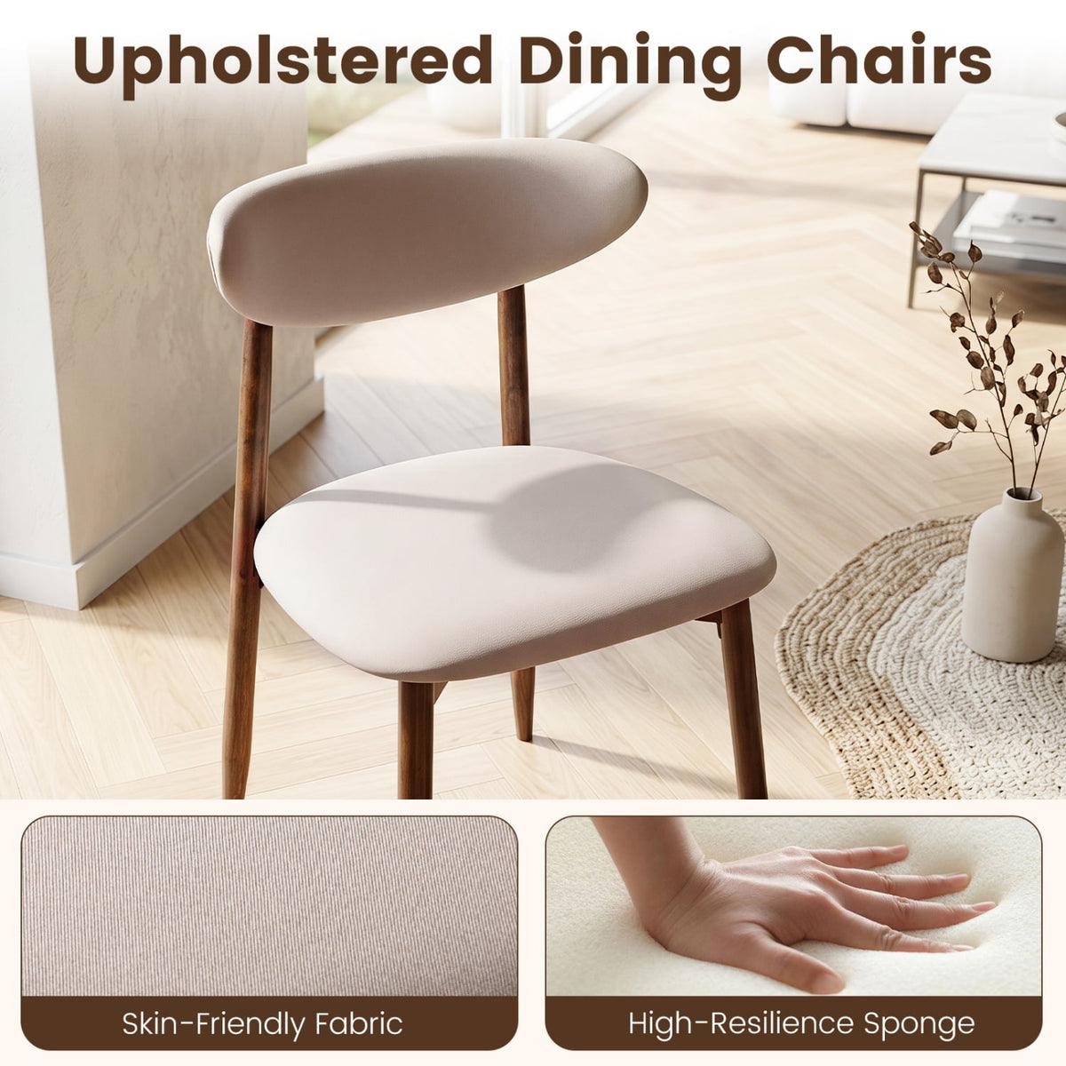 Set of 2 Fabric Upholstered Dining Chairs with Curved Backs-Beige-Dining Chairs-DECOROLALA