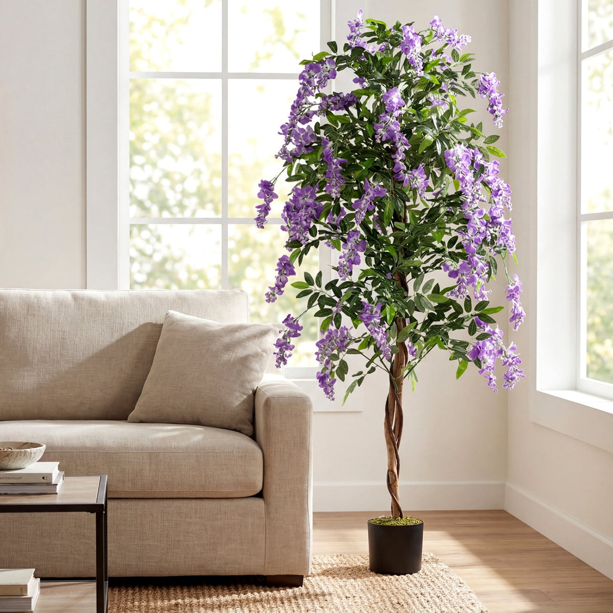 Set of 2 Fake Ficus Plant 6 FT Artificial Wisteria Tree with Natural Trunks and Purple Lifelike Flowers-Artificial Plants-DECOROLALA
