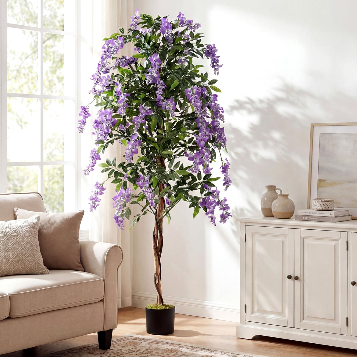 Set of 2 Fake Ficus Plant 6 FT Artificial Wisteria Tree with Natural Trunks and Purple Lifelike Flowers-Artificial Plants-DECOROLALA
