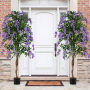 Set of 2 Fake Ficus Plant 6 FT Artificial Wisteria Tree with Natural Trunks and Purple Lifelike Flowers-Artificial Plants-DECOROLALA