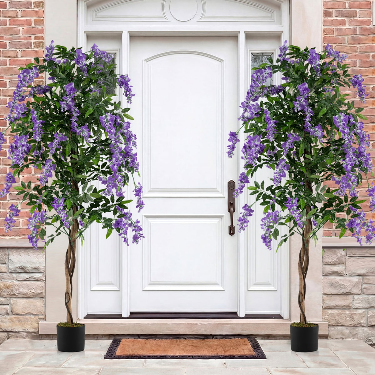 Set of 2 Fake Ficus Plant 6 FT Artificial Wisteria Tree with Natural Trunks and Purple Lifelike Flowers-Artificial Plants-DECOROLALA
