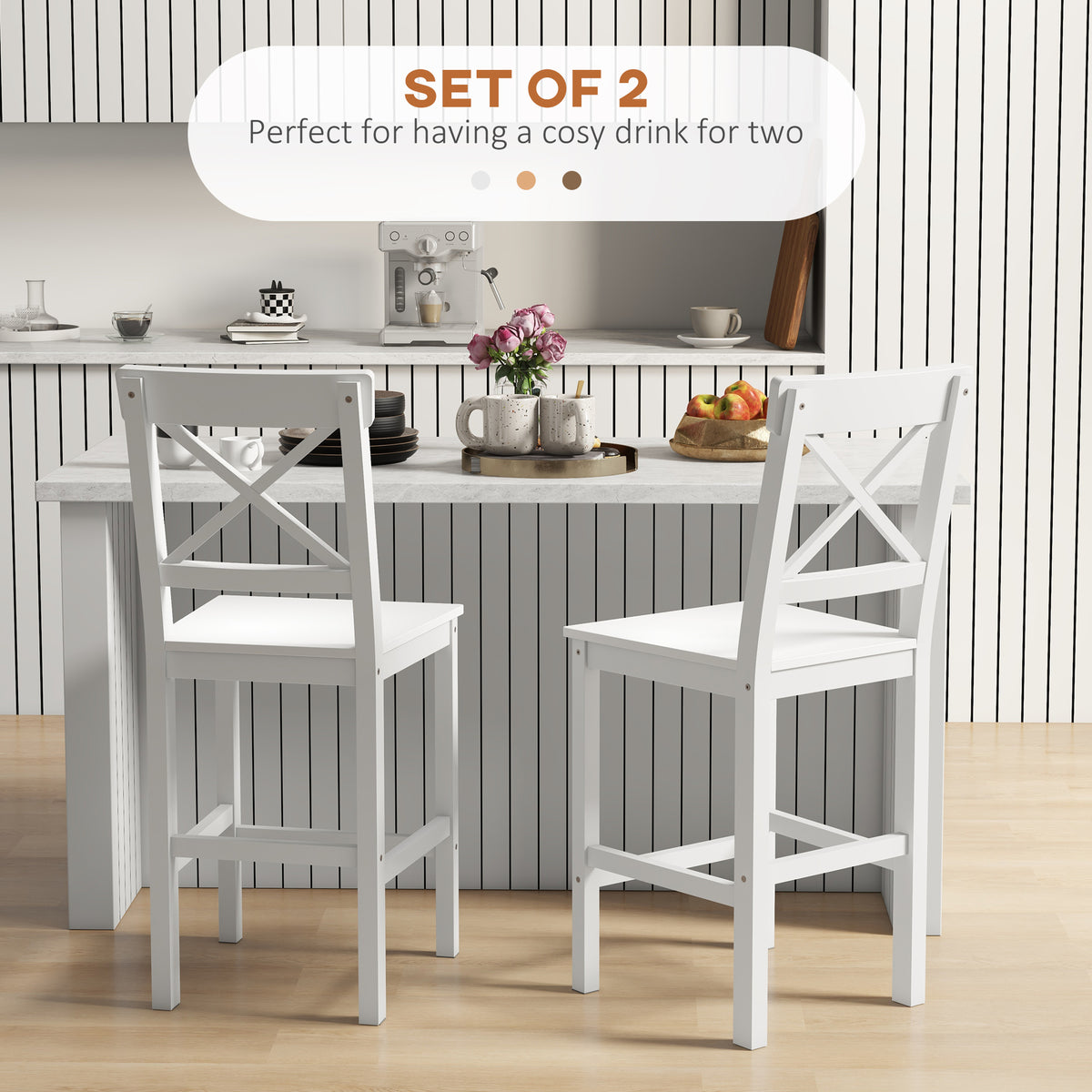 Set of 2 Farmhouse Counter Height Stools - White Wood-Home Furnishings > Kitchen & Dining Furniture > Bar Stools-DECOROLALA