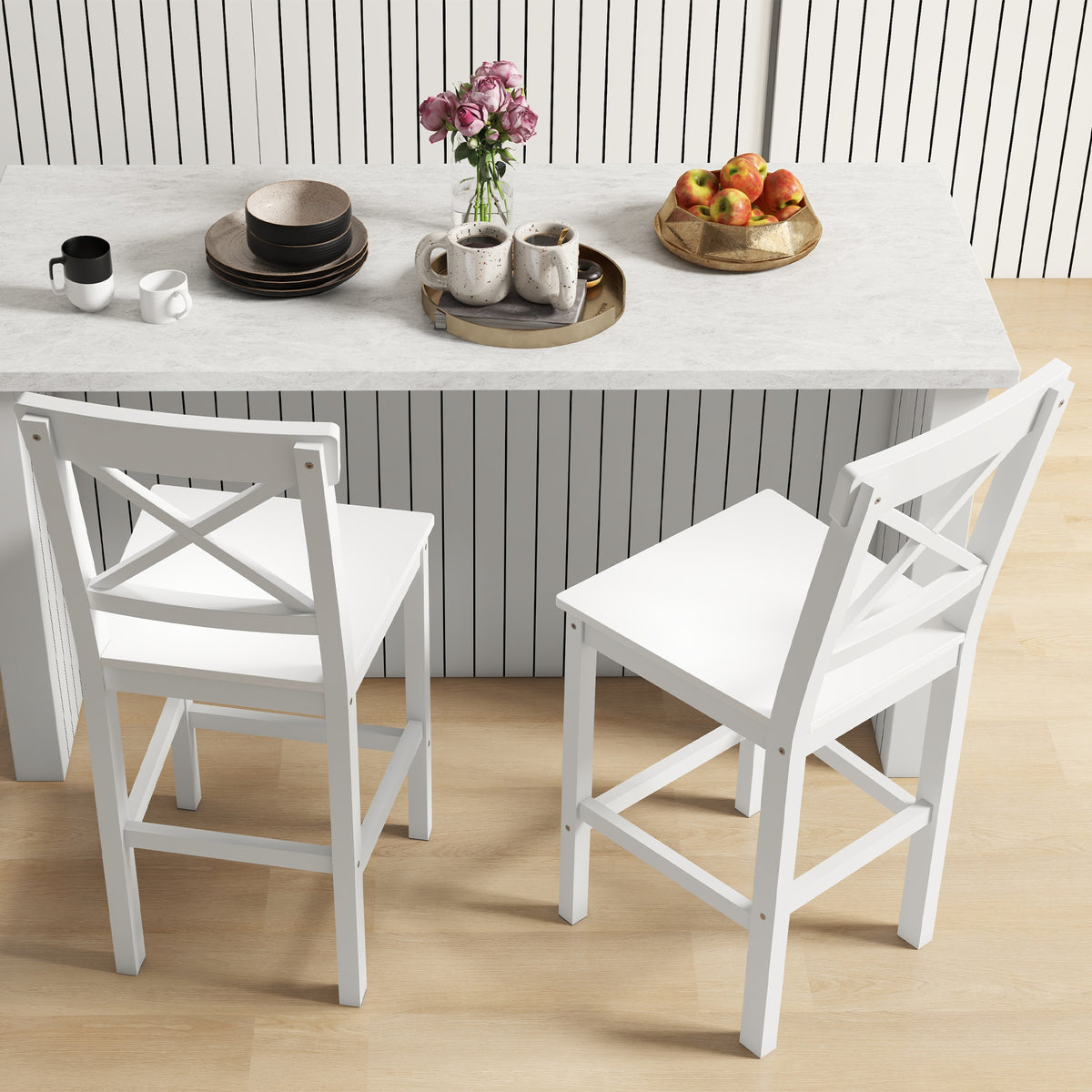 Set of 2 Farmhouse Counter Height Stools - White Wood-Home Furnishings > Kitchen & Dining Furniture > Bar Stools-DECOROLALA