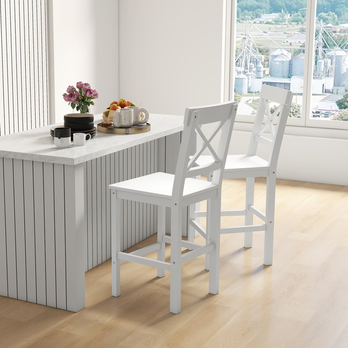 Set of 2 Farmhouse Counter Height Stools - White Wood-Home Furnishings > Kitchen & Dining Furniture > Bar Stools-DECOROLALA
