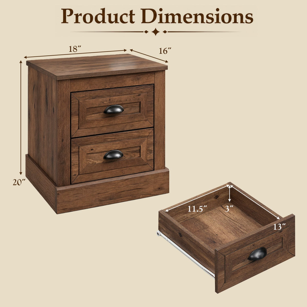 Set of 2 Farmhouse Nightstand with 2 Drawers & Storage for Living Room Bedroom-Brown-Nightstands-DECOROLALA