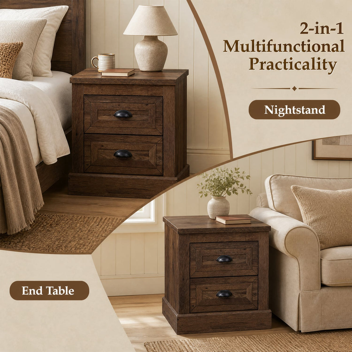 Set of 2 Farmhouse Nightstand with 2 Drawers & Storage for Living Room Bedroom-Brown-Nightstands-DECOROLALA