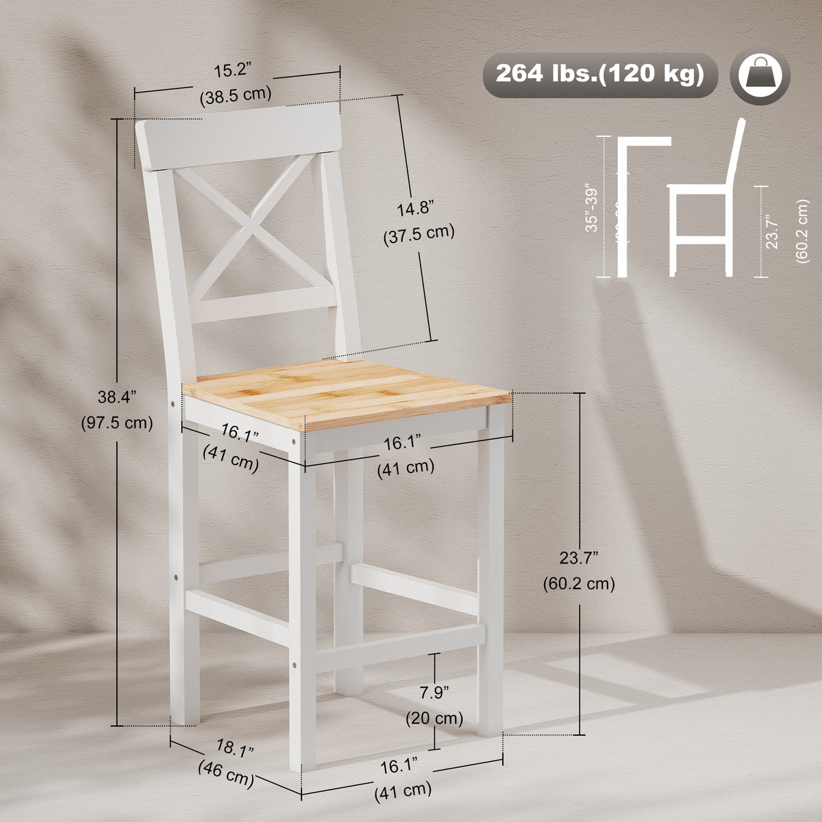 Set of 2 Farmhouse Pine Wood Counter Stools - Natural-Home Furnishings > Kitchen & Dining Furniture > Bar Stools-DECOROLALA