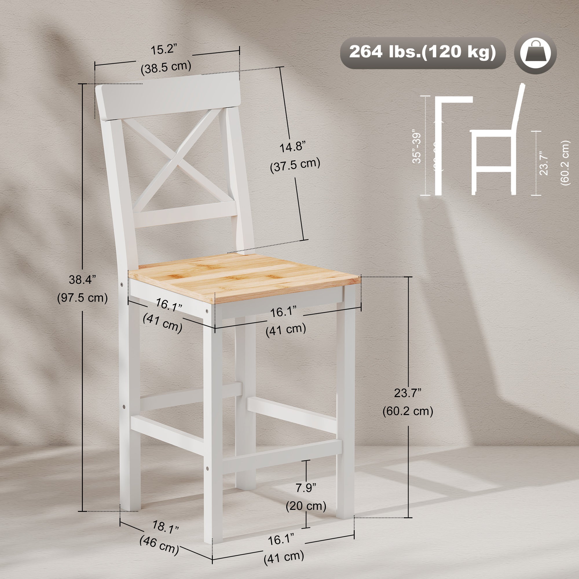 Set of 2 Farmhouse Pine Wood Counter Stools - Natural-Home Furnishings > Kitchen & Dining Furniture > Bar Stools-DECOROLALA