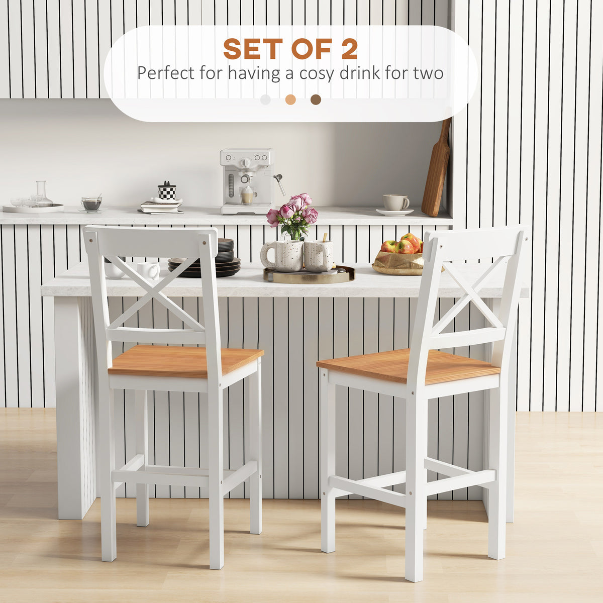 Set of 2 Farmhouse Pine Wood Counter Stools - Natural-Home Furnishings > Kitchen & Dining Furniture > Bar Stools-DECOROLALA
