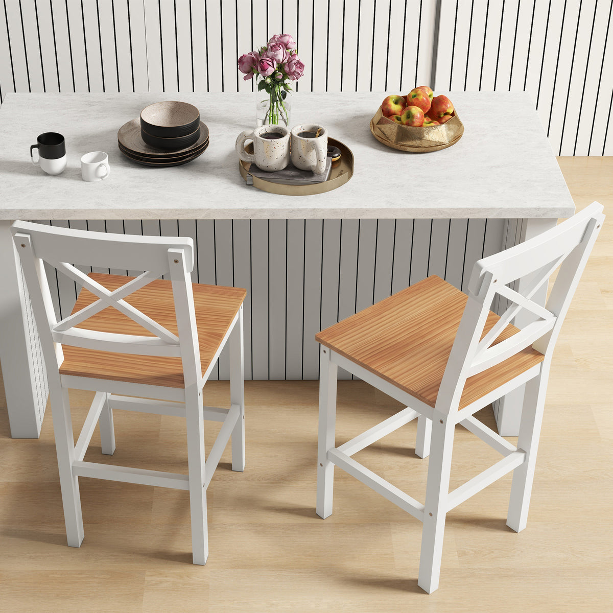 Set of 2 Farmhouse Pine Wood Counter Stools - Natural-Home Furnishings > Kitchen & Dining Furniture > Bar Stools-DECOROLALA