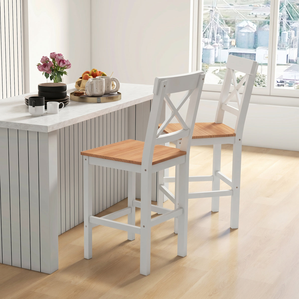 Set of 2 Farmhouse Pine Wood Counter Stools - Natural-Home Furnishings > Kitchen & Dining Furniture > Bar Stools-DECOROLALA