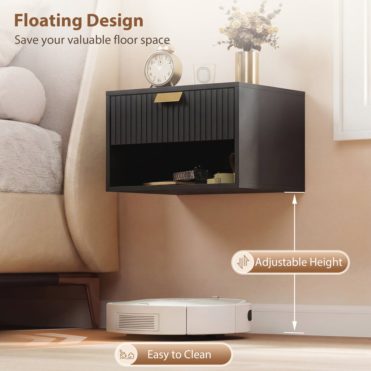 Set of 2 Floating Nightstands - Black Wall Mounted Tables-Home Furnishings > Bedroom Furniture > Bedside Tables-DECOROLALA