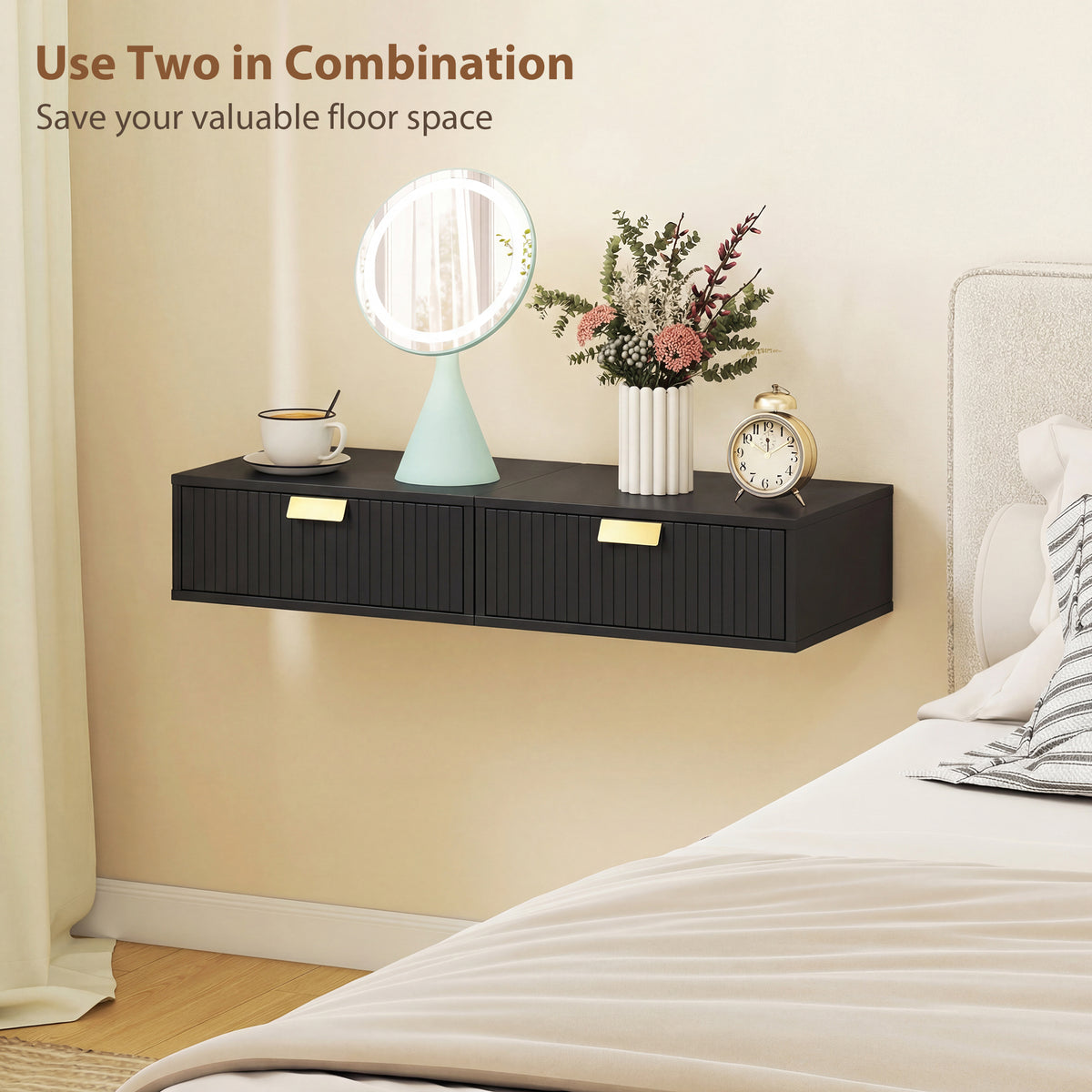 Set of 2 Floating Nightstands - Black Wall Mounted Tables-Home Furnishings > Bedroom Furniture > Bedside Tables-DECOROLALA