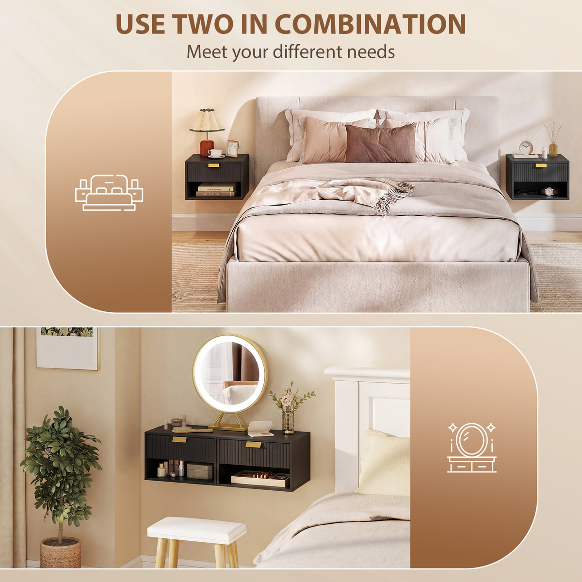 Set of 2 Floating Nightstands - Black Wall Mounted Tables-Home Furnishings > Bedroom Furniture > Bedside Tables-DECOROLALA