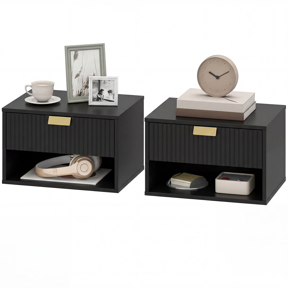 Set of 2 Floating Nightstands - Black Wall Mounted Tables-Home Furnishings > Bedroom Furniture > Bedside Tables-DECOROLALA