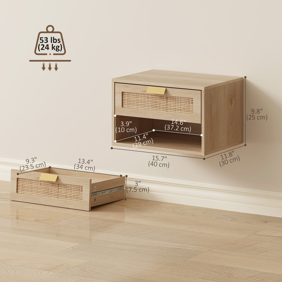 Set of 2 Floating Nightstands - Oak Rattan Nordic Style-Home Furnishings > Bedroom Furniture > Bedside Tables-DECOROLALA
