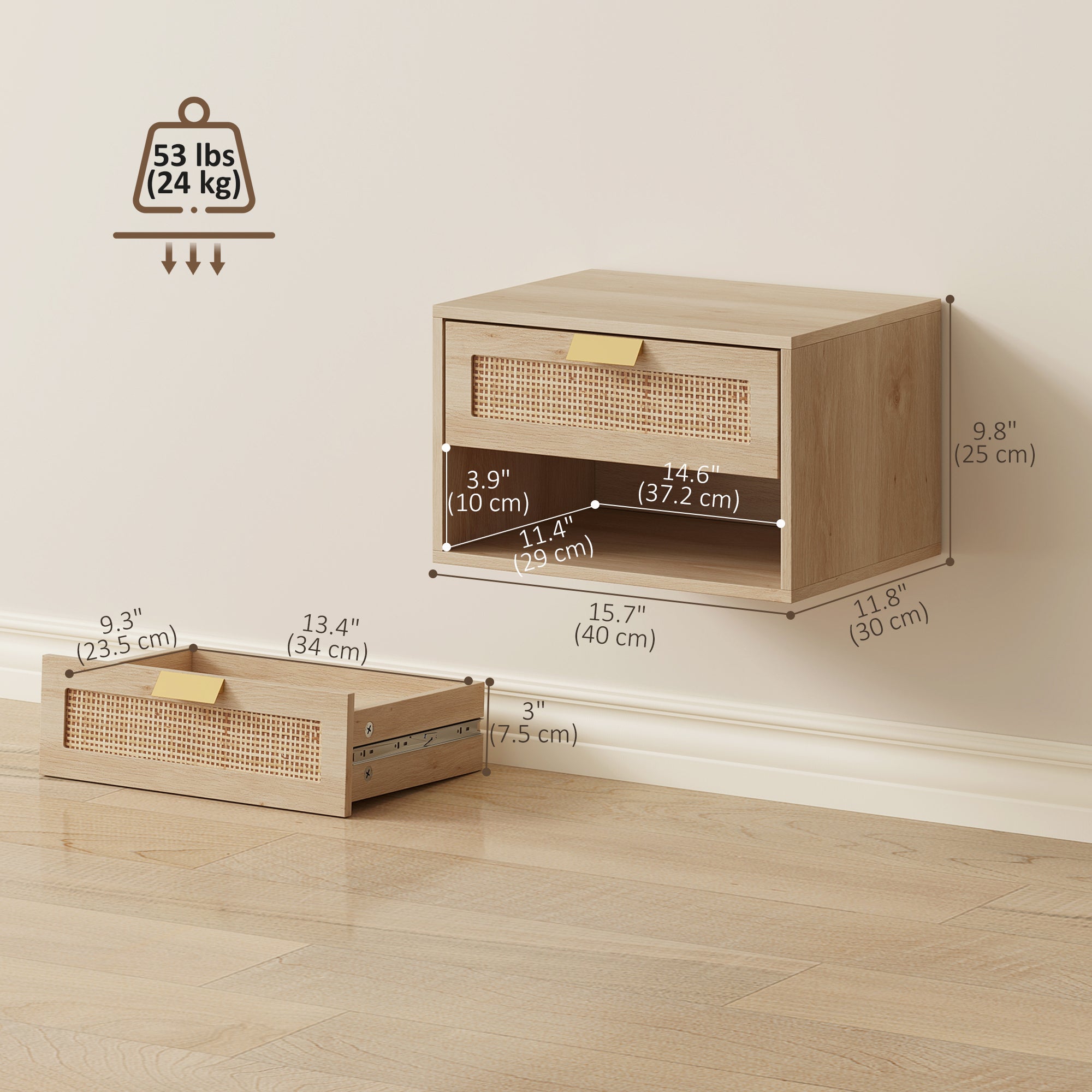 Set of 2 Floating Nightstands - Oak Rattan Nordic Style-Home Furnishings > Bedroom Furniture > Bedside Tables-DECOROLALA