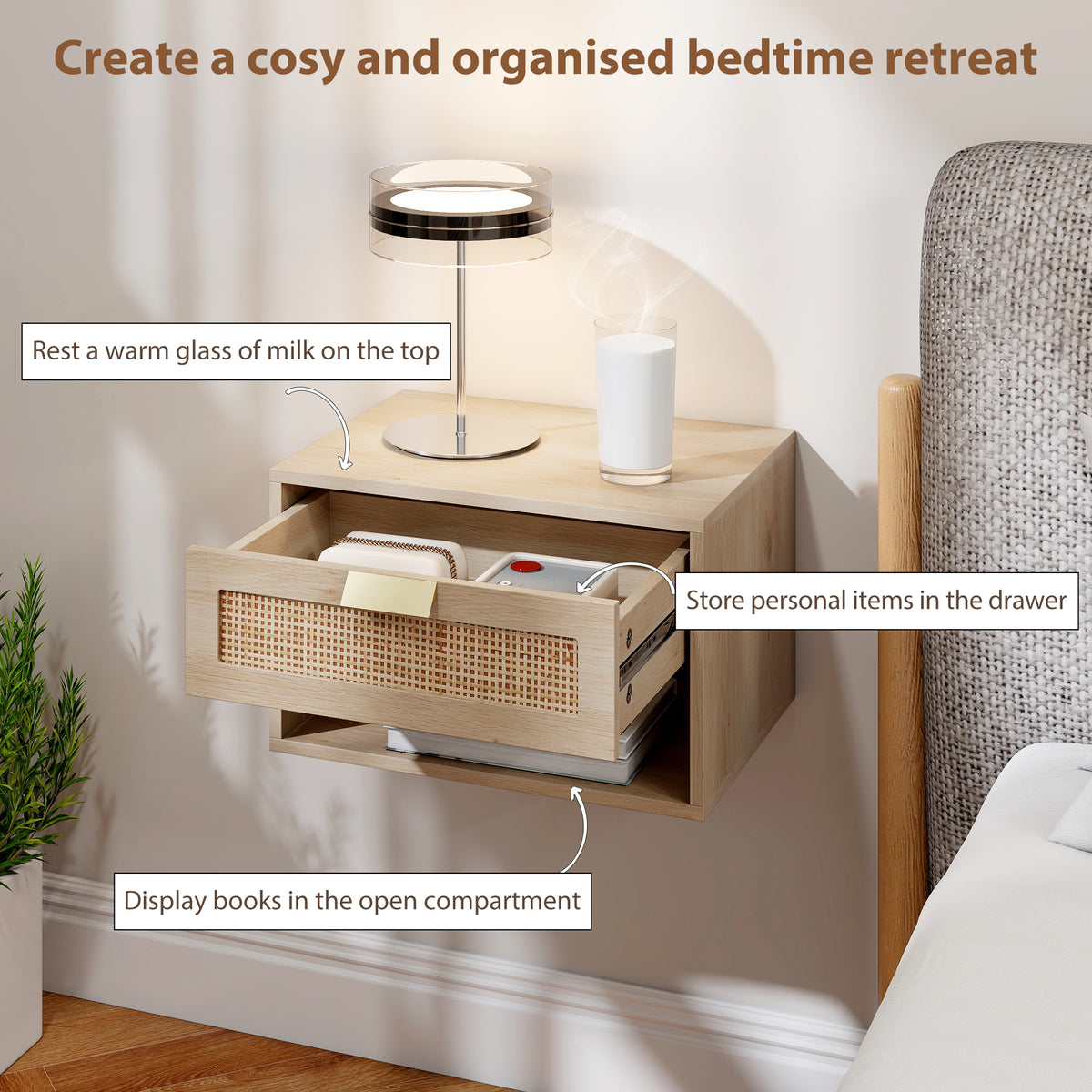 Set of 2 Floating Nightstands - Oak Rattan Nordic Style-Home Furnishings > Bedroom Furniture > Bedside Tables-DECOROLALA