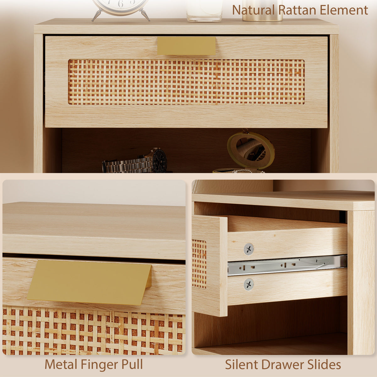 Set of 2 Floating Nightstands - Oak Rattan Nordic Style-Home Furnishings > Bedroom Furniture > Bedside Tables-DECOROLALA