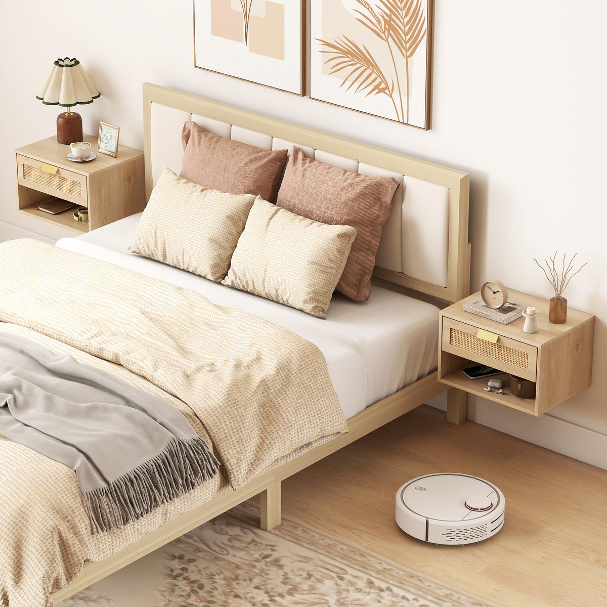 Set of 2 Floating Nightstands - Oak Rattan Nordic Style-Home Furnishings > Bedroom Furniture > Bedside Tables-DECOROLALA