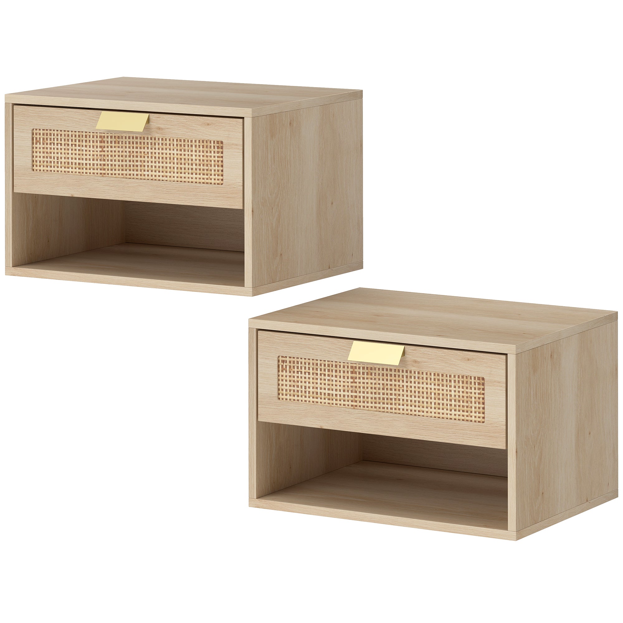 Set of 2 Floating Nightstands - Oak Rattan Nordic Style-Home Furnishings > Bedroom Furniture > Bedside Tables-DECOROLALA