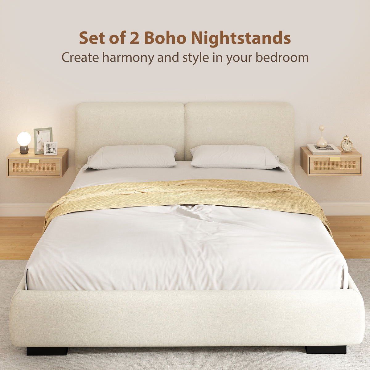 Set of 2 Floating Nightstands - Oak with Rattan Drawer-Home Furnishings > Bedroom Furniture > Bedside Tables-DECOROLALA